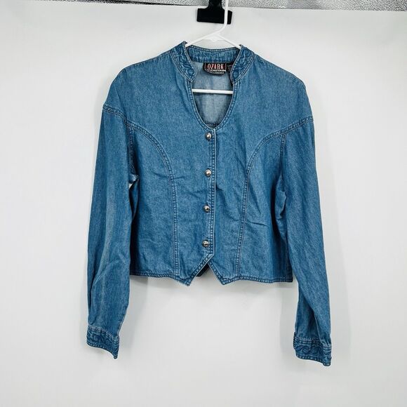 Ozark Mountain Trail Tops - Vintage Ozark Mountain Jean Company Cropped Denim Shirt L Western Cowgirl Rodeo
